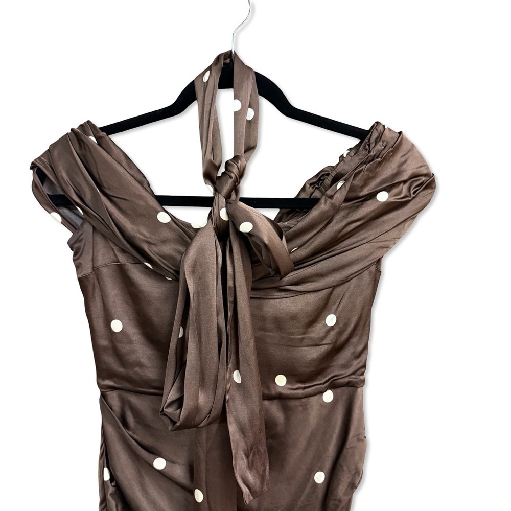 LPA Luisa Midi Dress Brown & CreamPolka Dot satin Revolve NWT XS - Picture 8 of 11